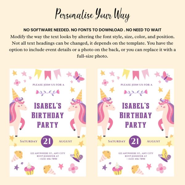 Cutomizable Unicorn Birthday Invitation Template - Image 5