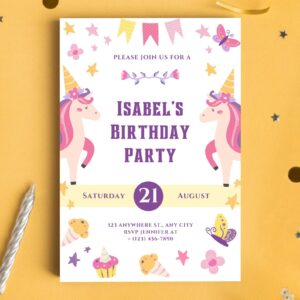 Cutomizable Unicorn Birthday Invitation Template