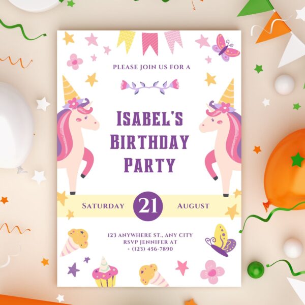 Cutomizable Unicorn Birthday Invitation Template - Image 2