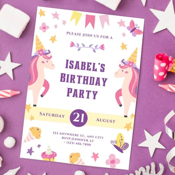 Cutomizable Unicorn Birthday Invitation Template - Image 3